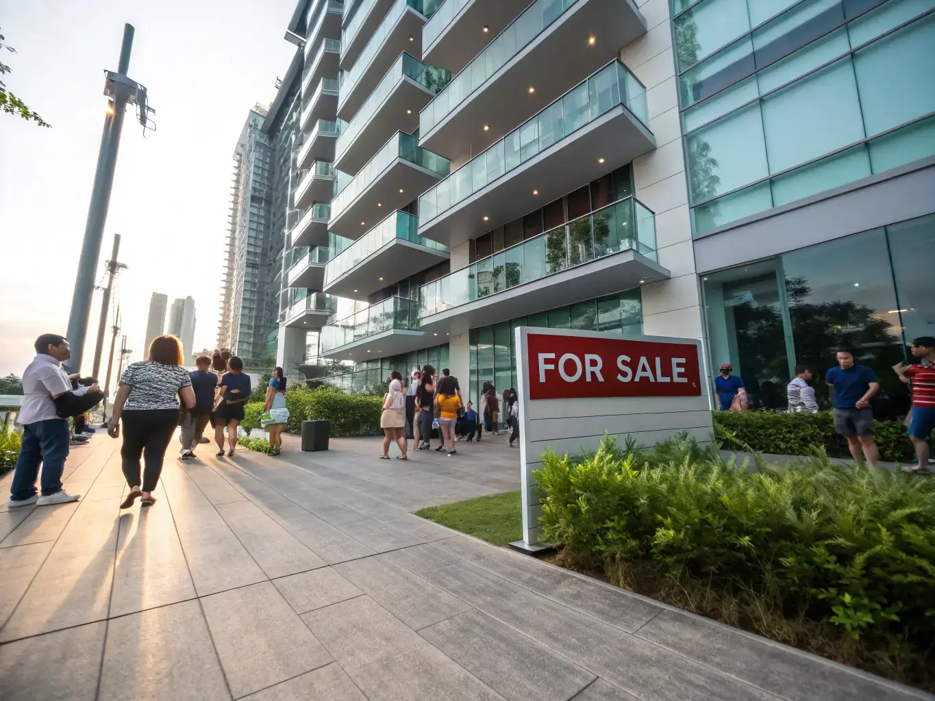 An image of a modern apartment building in Singapore, showcasing a 'For Sale' sign, with a diverse group of people touring the property, representing Cozy Home SG Properties' buying services.