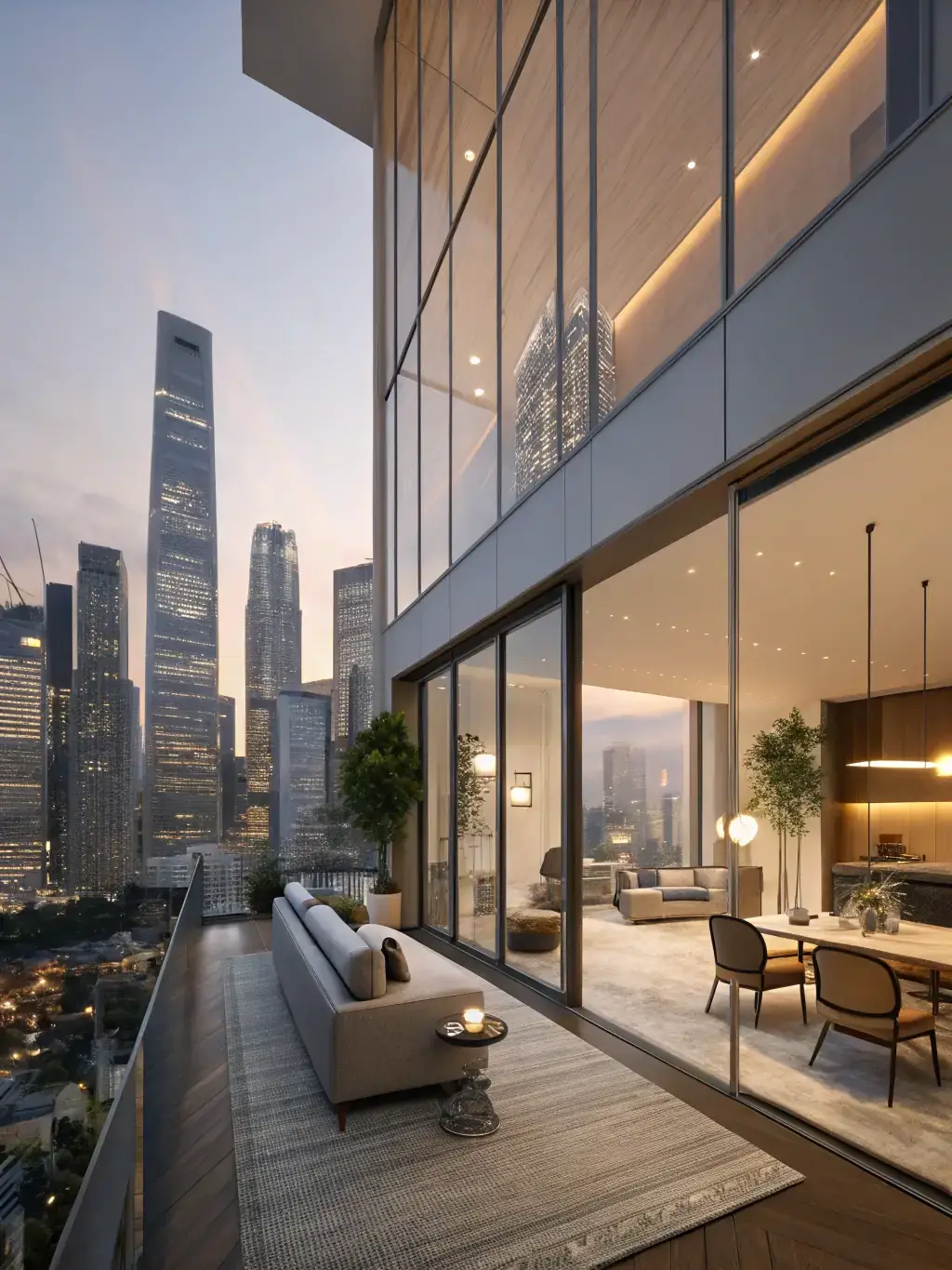 A stylish apartment with floor-to-ceiling windows overlooking the Singapore skyline, emphasizing modern design.