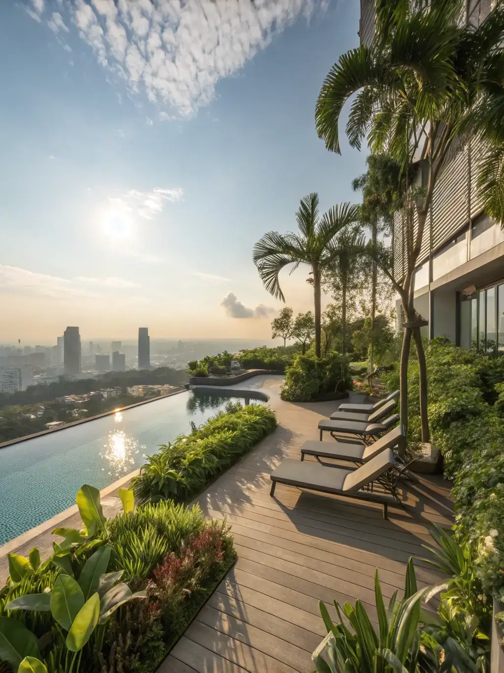 A modern condominium with a rooftop garden and swimming pool in Singapore, showcasing luxury living.